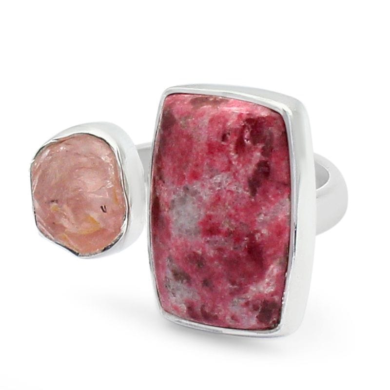Pink Thulite with Rose Quartz Adjustable Sterling Silver Ring - Rough Crystals