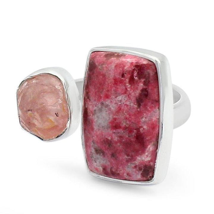 Pink Thulite with Rose Quartz Adjustable Sterling Silver Ring - Rough Crystals