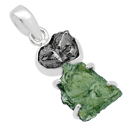 Moldavite and Meteorite Rough Sterling Silver Pendant