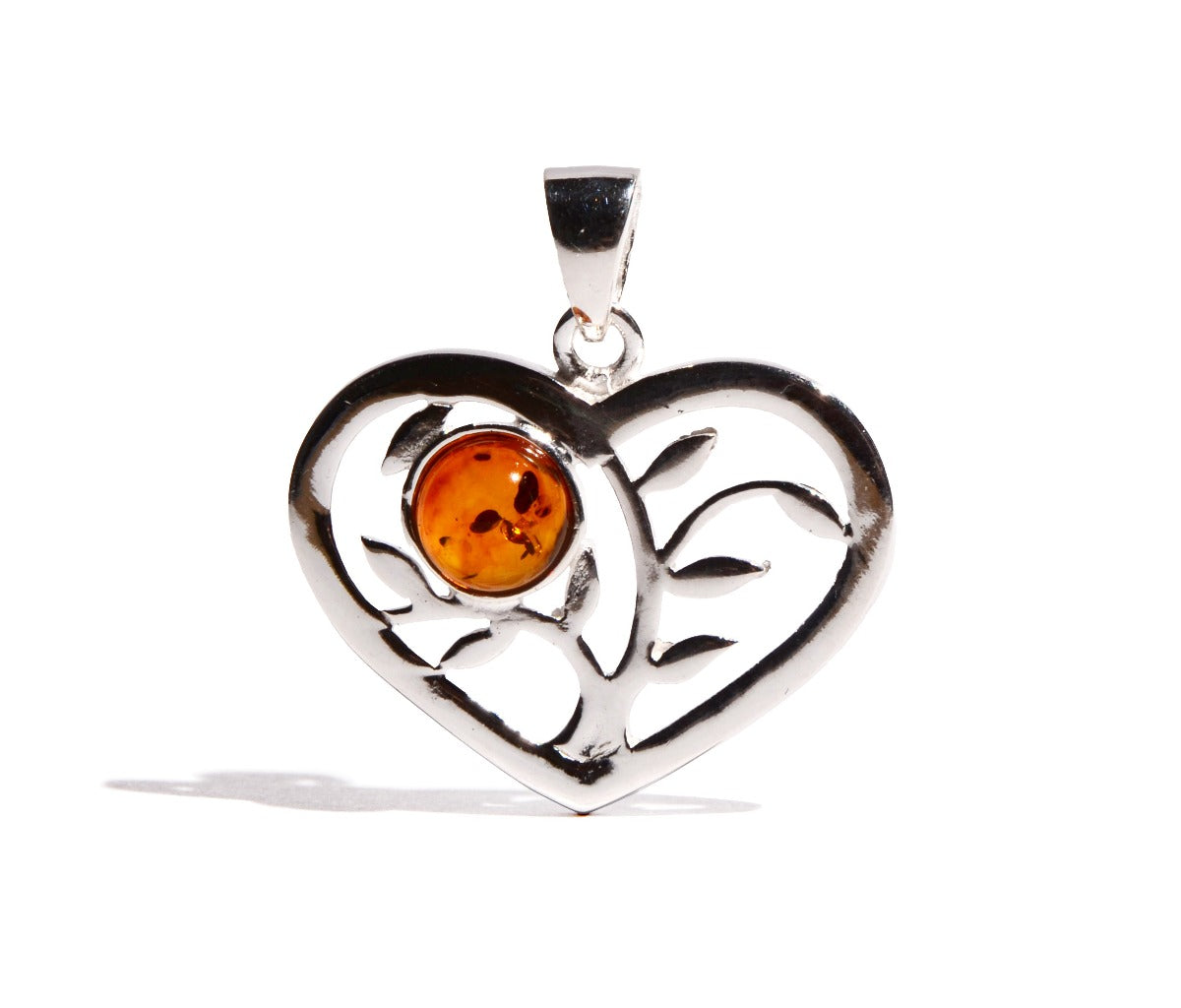 Sterling Silver Heart Pendant with Vines and Amber Droplet