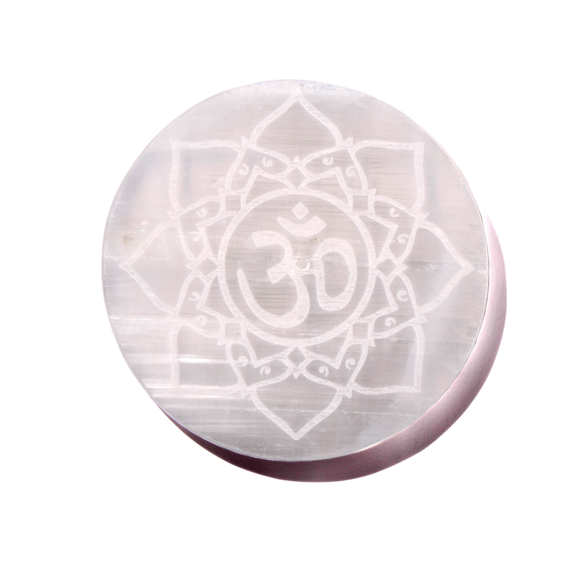 Selenite Charging Plate - OM Lotus Flower - Crystal Carving