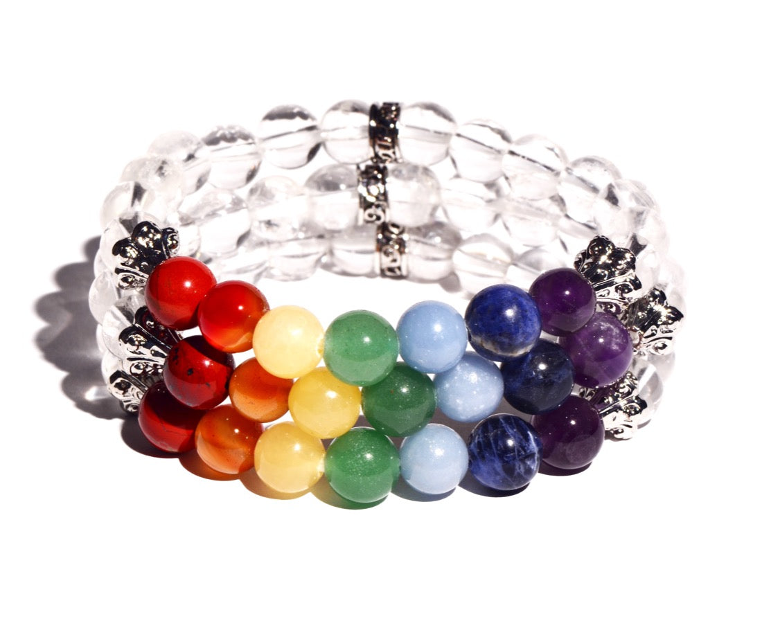 healing crystal jewelry: 7 chakra beaded bracelet with clear quartz