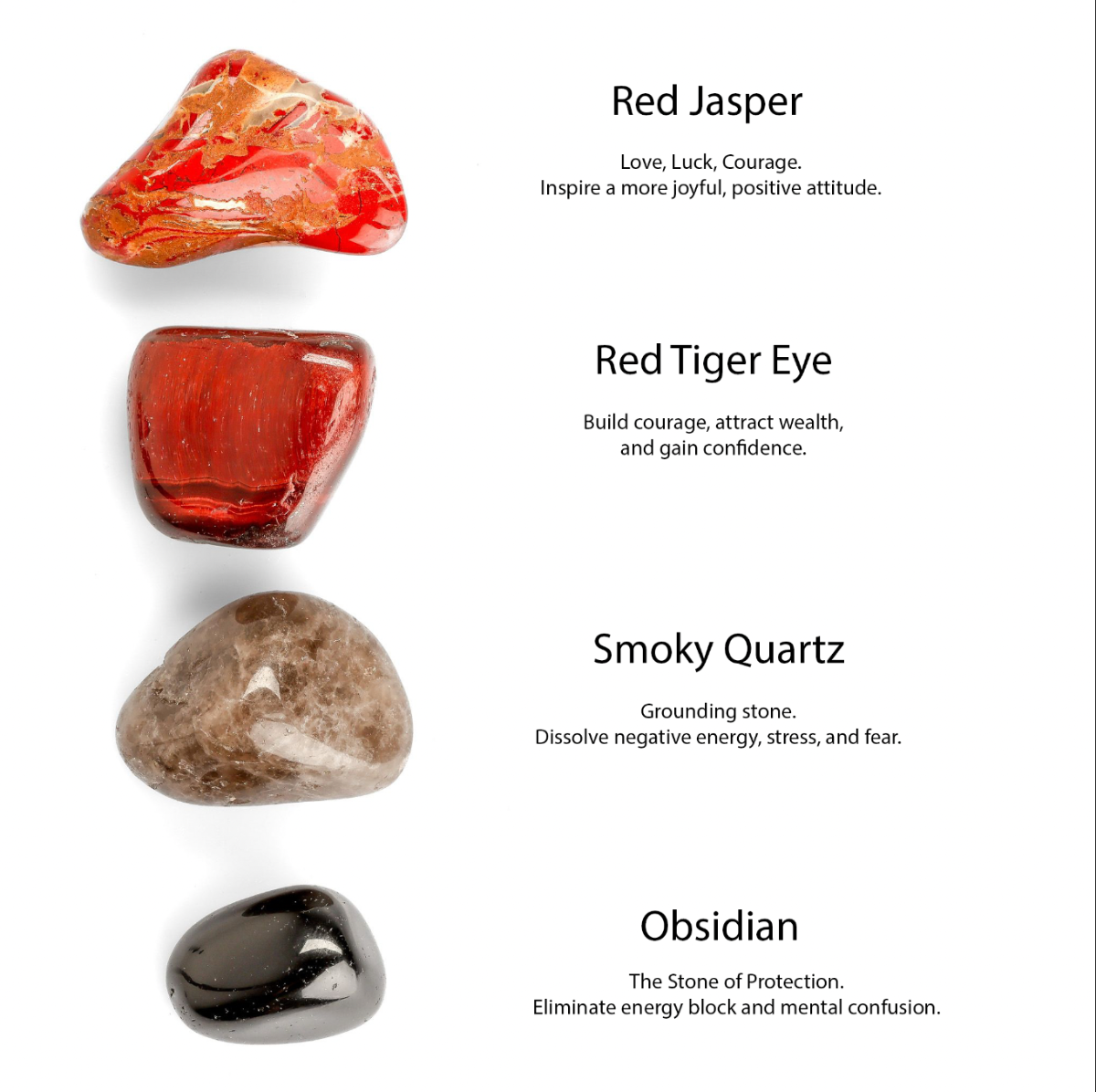 Root Chakra Bundle - Tumbled - Red Jasper, Red Tiger Eye, Smoky Quartz, Obsidian
