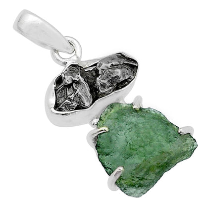 Moldavite and Meteorite Rough Sterling Silver Pendant