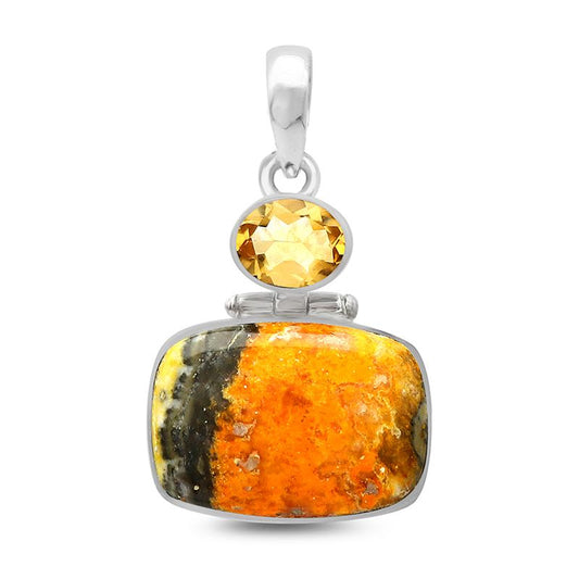 Bumble Bee Jasper with Citrine Crystal - Sterling Silver Pendant - Rectangle and Oval