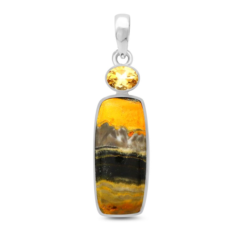 Bumble Bee Jasper with Citrine Crystal - Sterling Silver Pendant - Rectangle and Oval