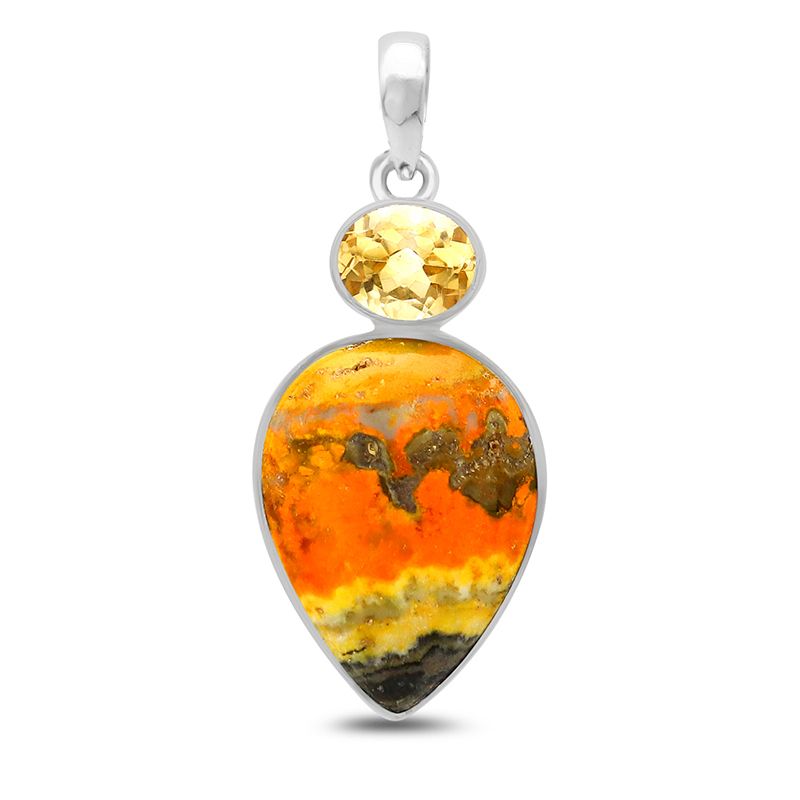 Bumble Bee Jasper with Citrine Crystal - Sterling Silver Pendant - Teardrop and Oval