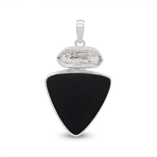 Black Onyx with Clear Quartz Sterling Silver Pendant - Triangle Shape