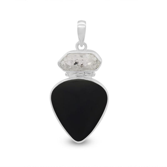 Black Onyx with Clear Quartz Sterling Silver Pendant - Inverted Drop