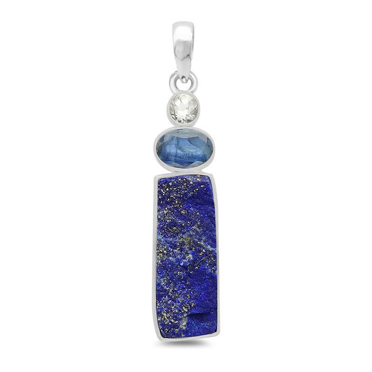 Lapis Lazuli Rough with Blue Kyanite and Clear Quartz Sterling Silver Pendant