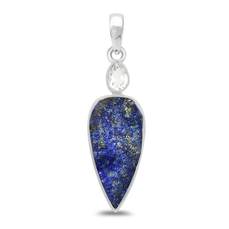 healing crystal jewelry: lapis lazuli rough pendant with clear quartz