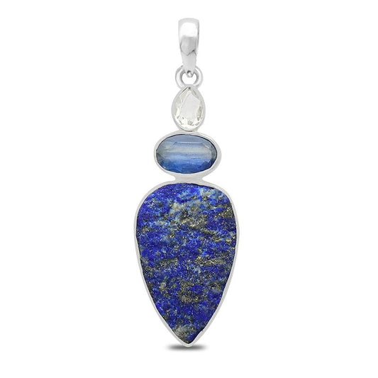 Lapis Lazuli Rough with Blue Kyanite and Clear Quartz  Sterling Silver Pendant
