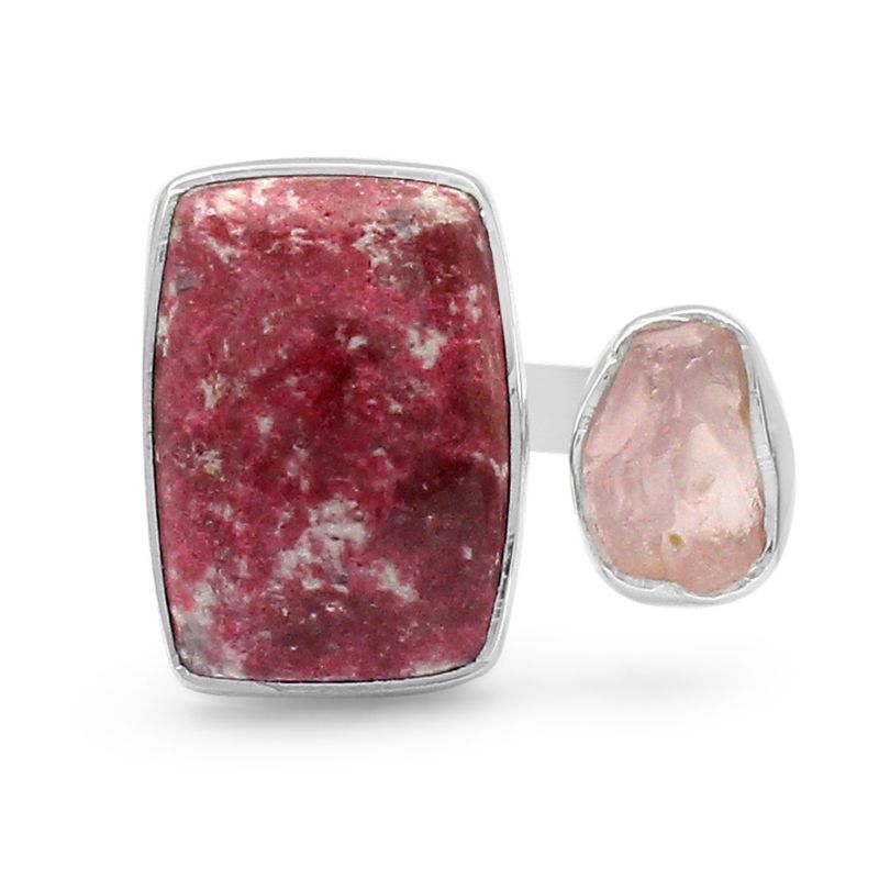 Pink Thulite with Rose Quartz Adjustable Sterling Silver Ring - Rough Crystals
